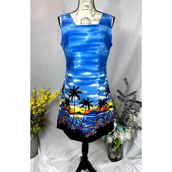Shannon Marie Hawaii Sheath Dress Palm Trees Fish Dolphins 10 - Picture 1 of 9